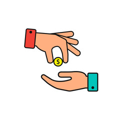 Hand gives money coin to other person icon, give alms, donate web icon. Vector color illustration