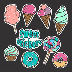 Sweet stickers Food Badges Set, Stickers, donuts, Candies, Cakes, Ice Cream in Pop Art Comic Style. illustration Rasterized copy