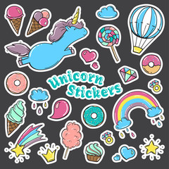 Unicorn sweet set of stickers, pins, patches in cartoon comic style. Rasterized copy