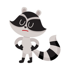 Cute displeased, sad raccoon character showing negative emotion, cartoon vector illustration isolated on white background. Sad, displeased little raccoon standing with closed eyes and pursed mouth