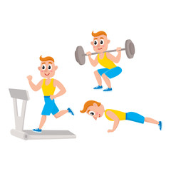 Young man doing sport exercises, training, weightlifting, doing sit-ups, running on treadmill, cartoon vector illustration isolated on white background. Cartoon man, guy doing fitness exercises in gym