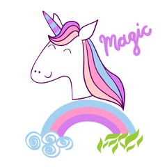 Magic cute unicorn with rainbow. Vector greeting card.