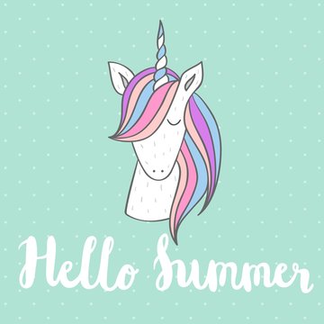Hello summer. Magic cute unicorn, vector greeting card.