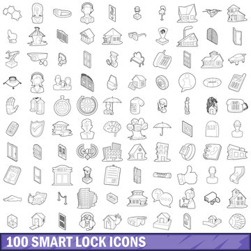 100 smart lock icons set, outline style