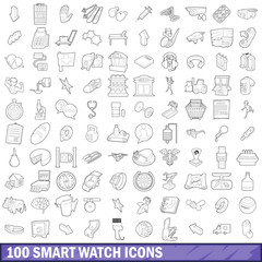 100 smart watch icons set, outline style