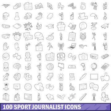 100 sport journalist icons set, outline style