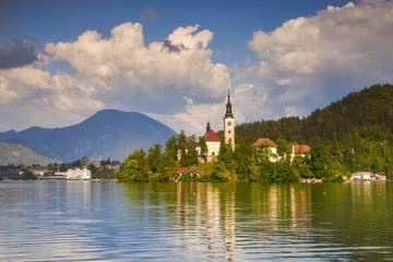 Amazing View On Bled Lake, Island,Church And Castle With Mountain Range (Stol, Vrtaca, Begunjscica)...