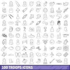 100 troops icons set, outline style