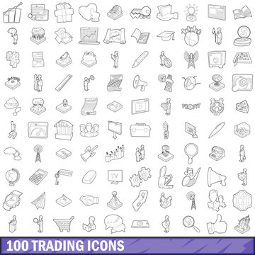 100 trading icons set, outline style