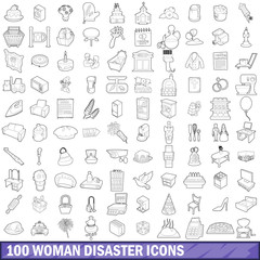 100 woman disaster icons set, outline style