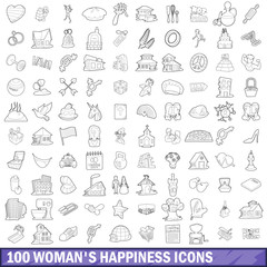 100 woman happiness icons set, outline style