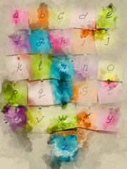 Stickers with the image of the English alphabet. Watercolor background