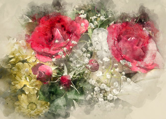 Bouquet of flowers close-up. Watercolor background