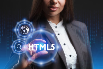 The concept of business, technology, the Internet and the network. A young entrepreneur working on a virtual screen of the future and sees the inscription: HTML5
