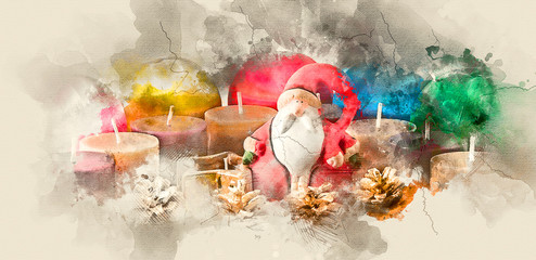 New Year concept. Santa Claus, Christmas decorations and candles. Watercolor background
