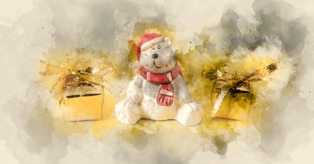 White teddy bear with gifts. Watercolor background