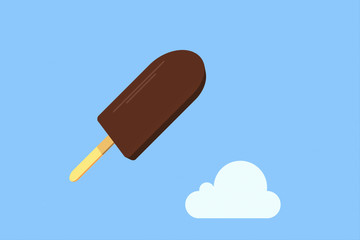Delicious chocolate ice cream against the sky with clouds