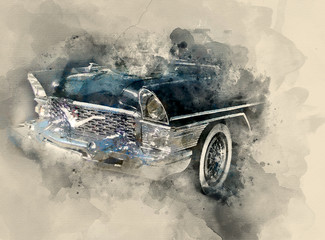 Retro car. Watercolor background - 162534348