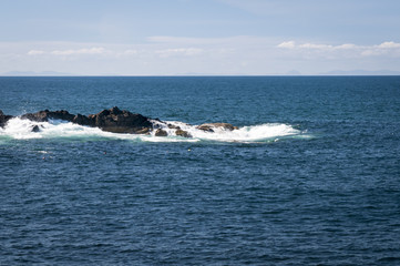 Waves crashing on an outcrop of rock in the Moray Firth, Scotland.