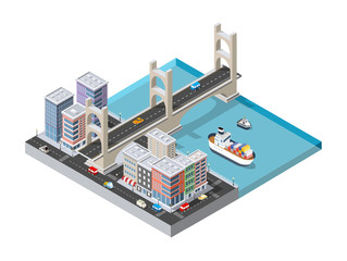 Obraz premium City boulevard with a port with cruise boat and naval ships nautical transport on the sea for travel vacation tourism illustration. Isometric set of transportation objects