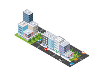 Isometric illustration of the modern city. Dimensional views of skyscrapers, houses, buildings and urban areas with transport roads