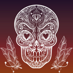 Hand drawn ornate decorative hand sketched mexican skull and feathers. Vector illustration