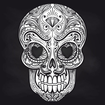 Hand drawn mexican skull on chalkboard background. Vector illustration