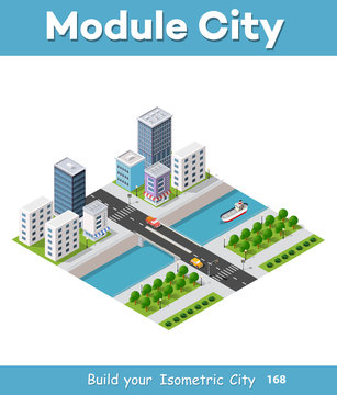 Isometric vector illustration of a modern city with a marina and river embankment. Dimensions of skyscrapers, houses, buildings and urban areas with transport routes, boats and ships
