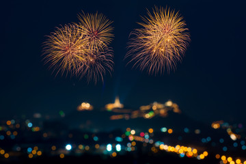 Beautiful firework display on celebration night, showing on the river    