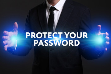 Business, Technology, Internet and network concept. Young businessman working on a virtual screen of the future and sees the inscription: Protect your password
