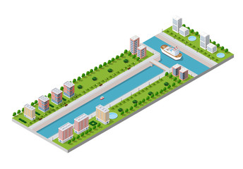 Isometric vector illustration of a modern city with a marina and river embankment. Dimensions of skyscrapers, houses, buildings and urban areas parks with transport routes, boats and ships