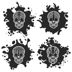 Ornate human skulls on black ink splashes, vector illustration