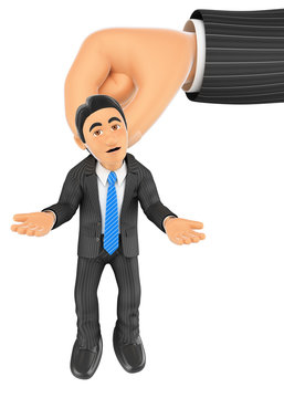 3D Businessman hanging from a giant hand