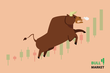Bull treading on the stock market.  bull (market) running up on technical graph.  Stock exchange market bulls metaphor. Growing, rising up stock price.  Trading Flat style vector illustration EPS10.