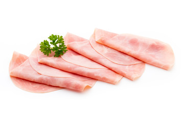 Thin slices of ham on white background.