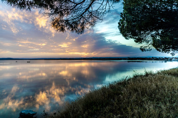 Naklejka na ściany i meble Blue yellow pink orange and purple aqua Carnon-Plage Montpellier magic hour after sunset above water southern France from shore with tree and grass
