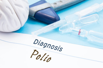 Fototapeta premium Neurological hammer, brain shape, syringe with needle and vials of medicines are next to inscription Diagnosis Polio. Diagnostics, treatment and prevention disease of nervous system Polio