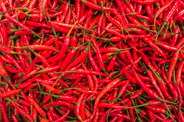 Top View Pile of Fresh Red Hot Chili in The Basket for Sale in Bangkok, Thailand Background Texture or or Template to mock up or input Text