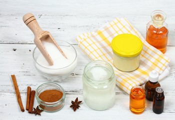 Making  sugar scrub bars from granulated sugar, bamboo butter, coconut oil, sea buckthorn, decorated with  cinnamon and  nutmeg