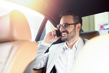 Handsome businessman using mobile phone in car.