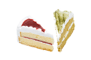 Green tea cake with strawberry cake. White background