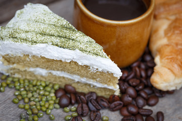 Green tea cake and coffee