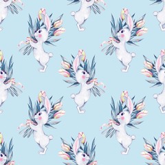 Seamless pattern with cartoon white rabbits and flowers. Watercolor illustration 1