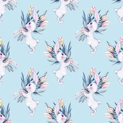 Stof per meter Konijn Naadloze patroon met cartoon witte konijnen en bloemen. Aquarel illustratie 1