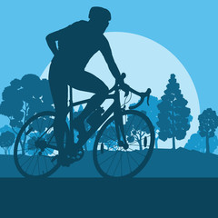 Fototapeta na wymiar Bicycle man sport vector background landscape with trees