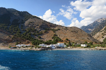 panoramic view of Crete (Greece) mountains of Libyan Sea side and Agia Roumeli village.