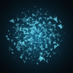 Abstract glowing background in the style of plexus. The flying triangles are blue in the dark. Big data and sci-fi. Modern technologies in design