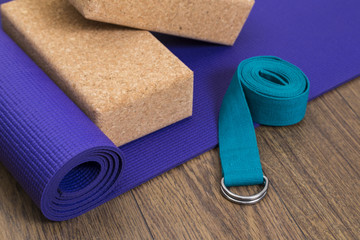 Yoga mat with blocks and strap