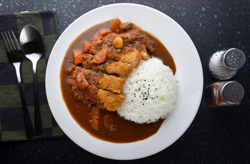 Rice with deep fried pork and curry .