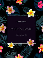 Tropical vector wedding invitation design with orchid flowers and exotic palm leaves on dark background.